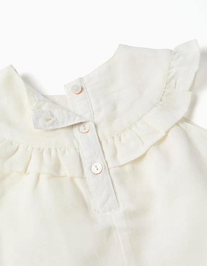 Cotton and linen dress with embroidery for newborn girls, white/pink