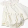 Cotton and linen dress with embroidery for newborn girls, white/pink