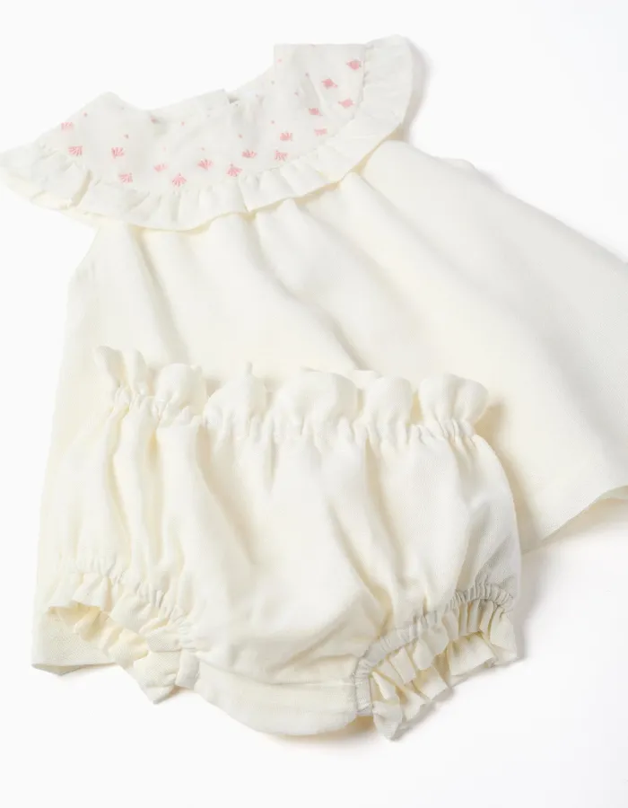Cotton and linen dress with embroidery for newborn girls, white/pink