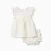 Cotton and linen dress + bloomers for newborn girls, white/pink