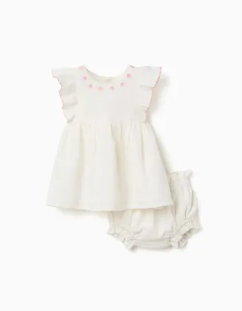 Cotton and linen dress + bloomers for newborn girls, white/pink