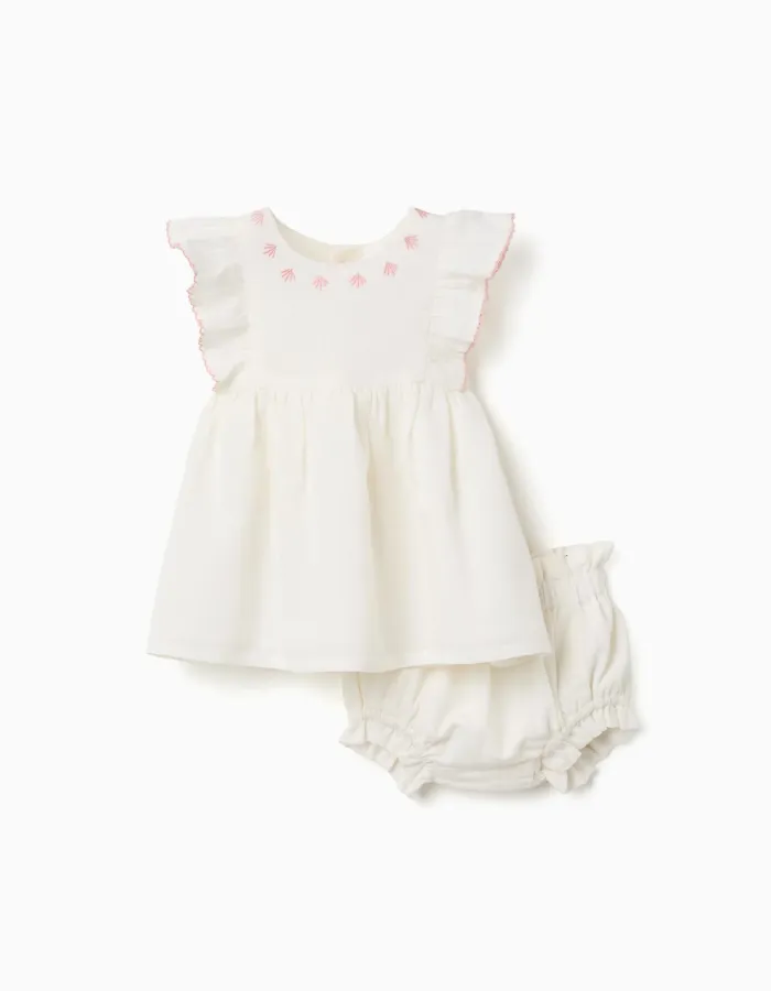 Cotton and linen dress + bloomers for newborn girls, white/pink