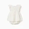Cotton and linen dress + bloomers for newborn girls, white/pink