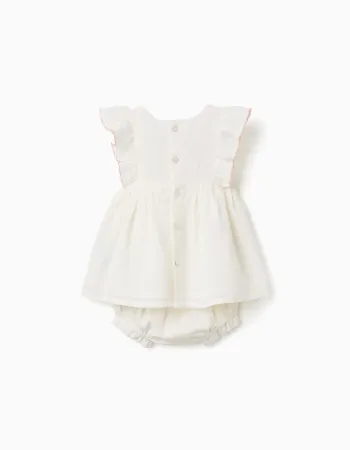 Cotton and linen dress + bloomers for newborn girls, white/pink
