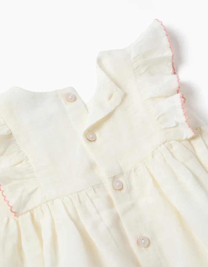 Cotton and linen dress + bloomers for newborn girls, white/pink