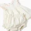 Cotton and linen dress + bloomers for newborn girls, white/pink