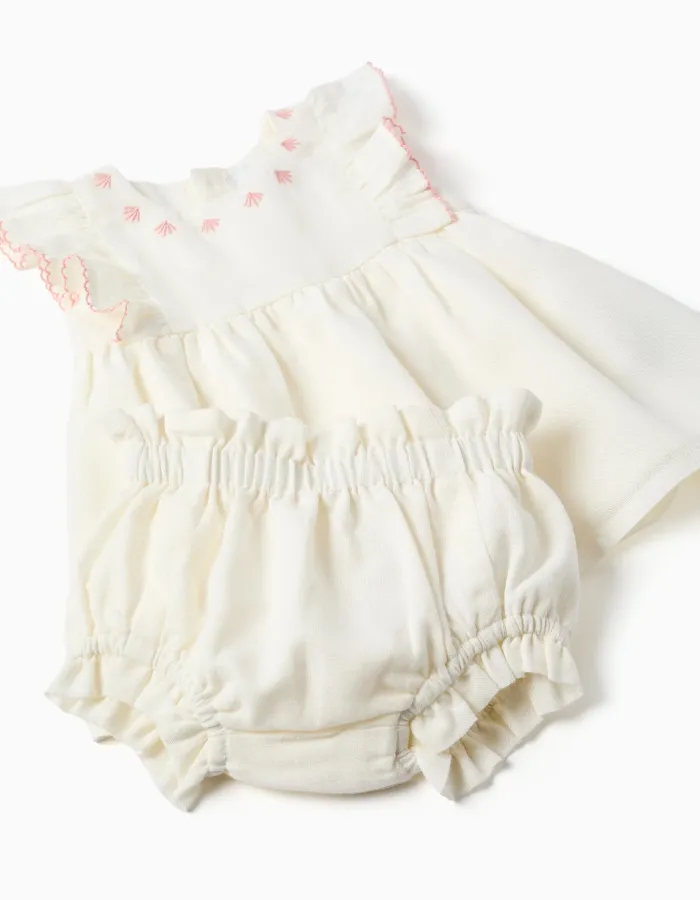 Cotton and linen dress + bloomers for newborn girls, white/pink