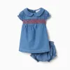 Denim dress with embroidery and ruffles for newborn girls, blue