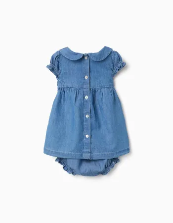 Denim dress with embroidery and ruffles for newborn girls, blue