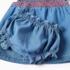 Denim dress with embroidery and ruffles for newborn girls, blue