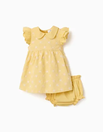 Cotton dress with embroidery and ruffles B&S for newborn girls, yellow