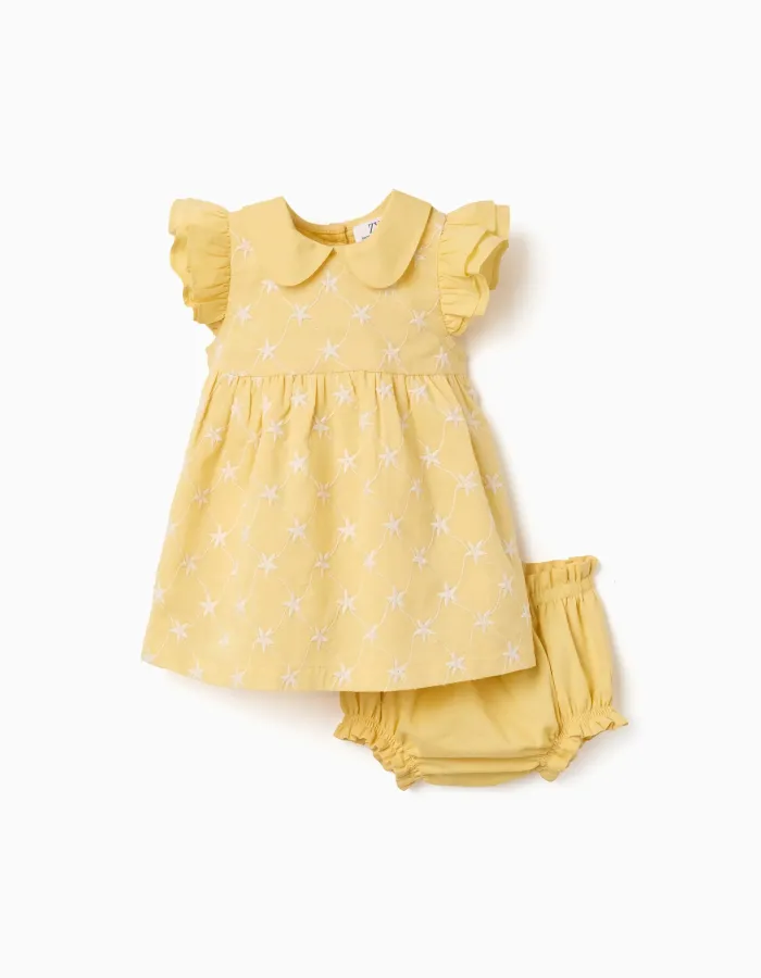 Cotton dress with embroidery and ruffles B&S for newborn girls, yellow