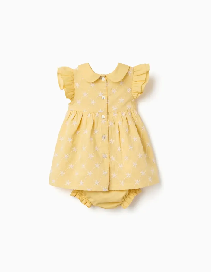 Cotton dress with embroidery and ruffles B&S for newborn girls, yellow