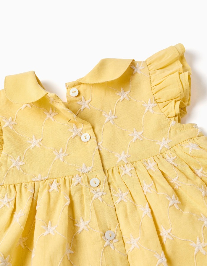 Cotton dress with embroidery and ruffles B&S for newborn girls, yellow