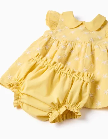 Cotton dress with embroidery and ruffles B&S for newborn girls, yellow