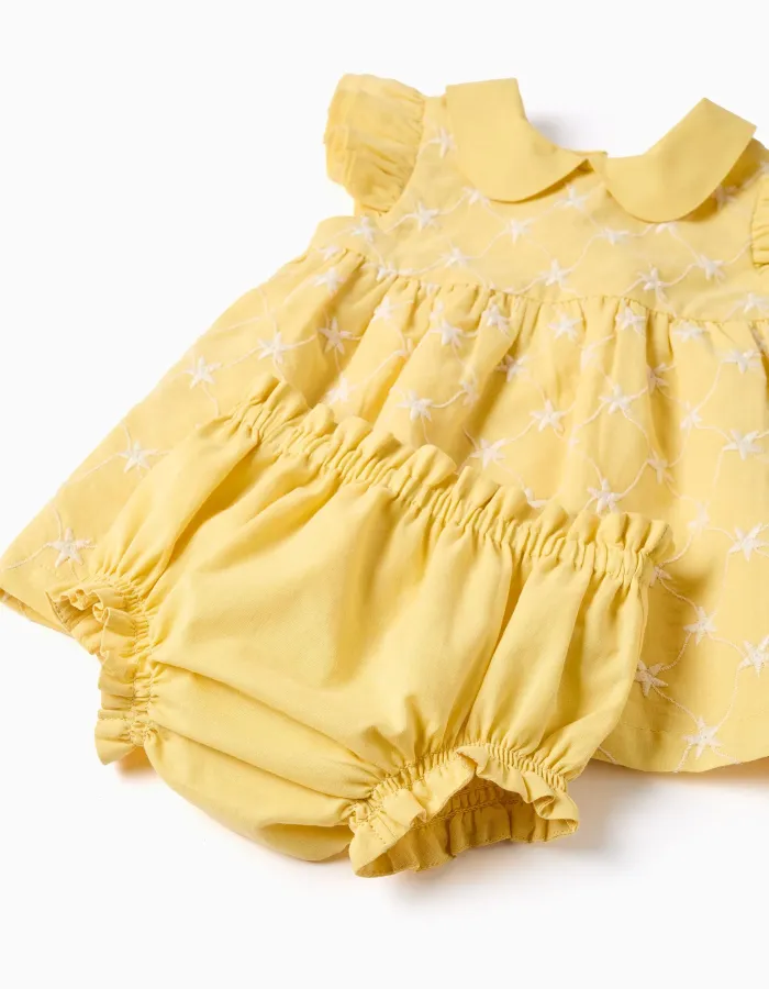 Cotton dress with embroidery and ruffles B&S for newborn girls, yellow