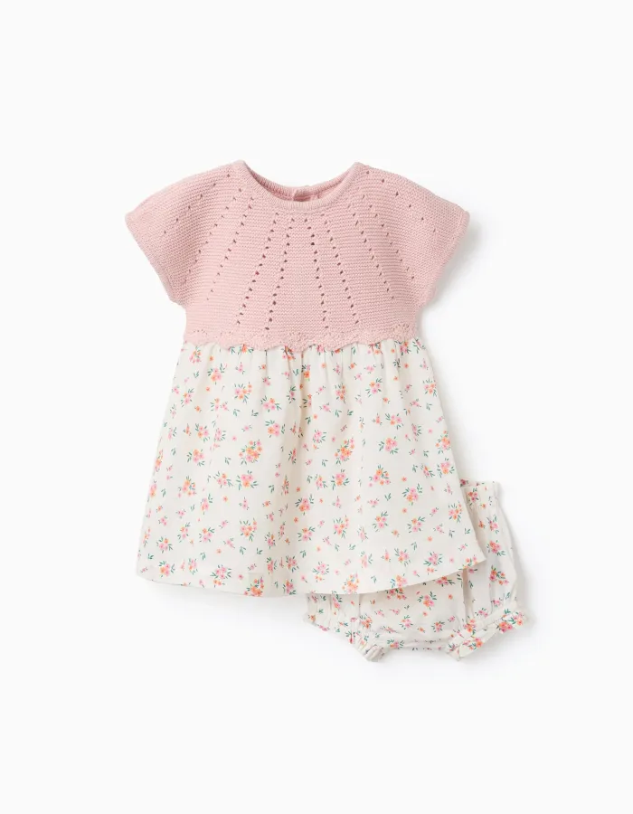 Dual-fabric dress with floral pattern for newborn girls, white/pink