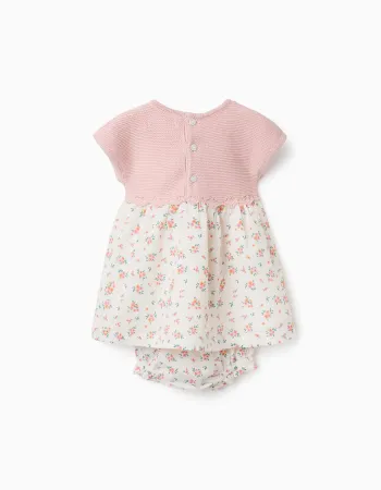 Dual-fabric dress with floral pattern for newborn girls, white/pink