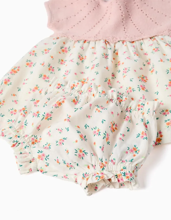 Dual-fabric dress with floral pattern for newborn girls, white/pink