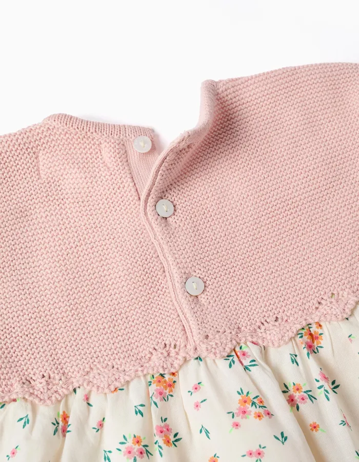 Dual-fabric dress with floral pattern for newborn girls, white/pink