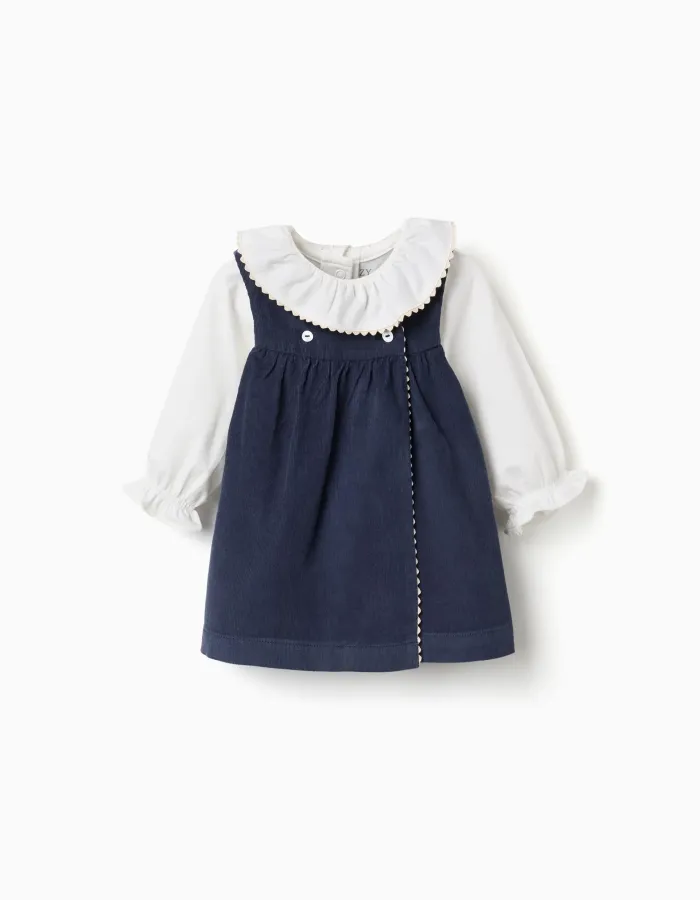Bodysuit and corduroy dress set for newborn girls, white/navy blue
