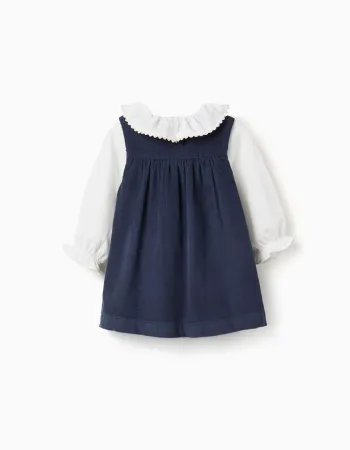 Bodysuit and corduroy dress set for newborn girls, white/navy blue