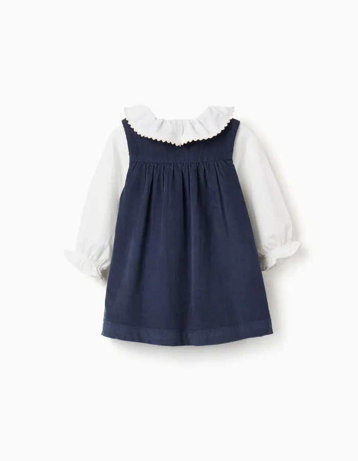 Bodysuit and corduroy dress set for newborn girls, white/navy blue