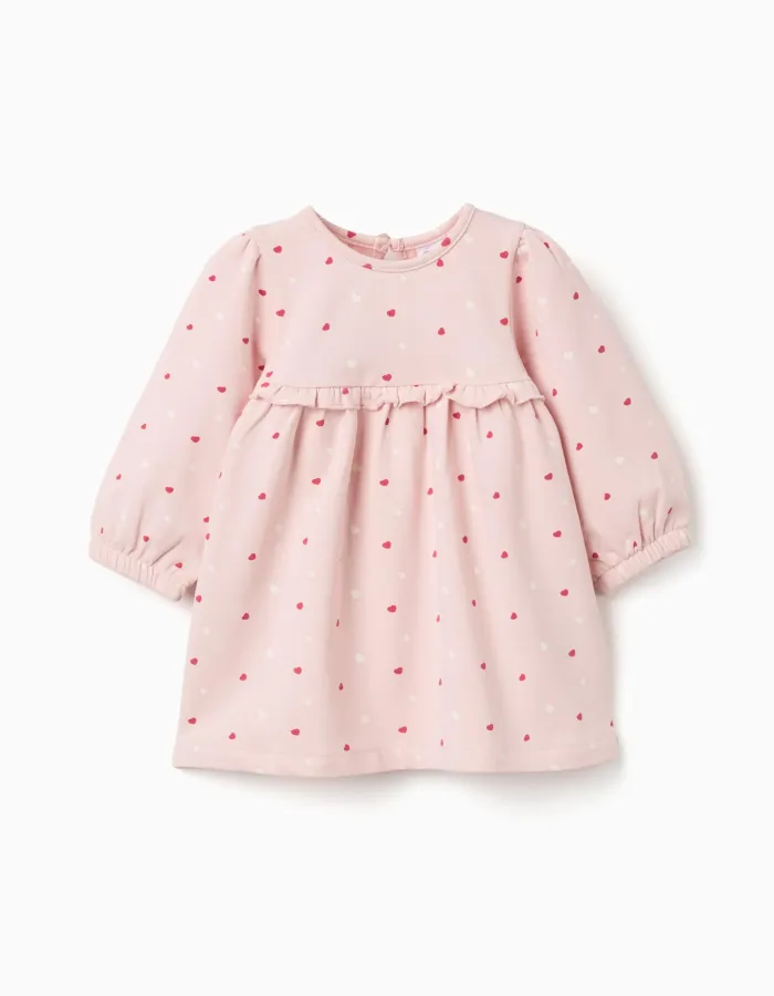 Brushed dress with heart pattern for newborn girls, light pink