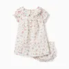 Short sleeve dress with floral pattern for newborn girls, beige