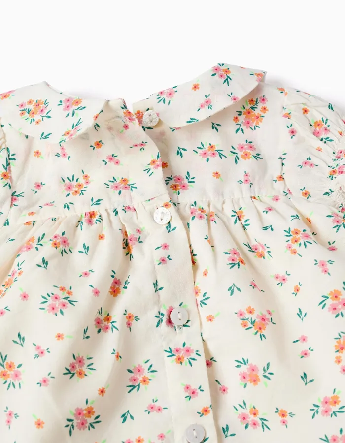 Short sleeve dress with floral pattern for newborn girls, beige