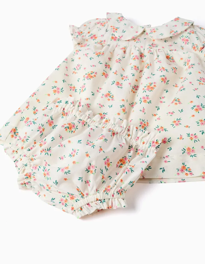 Short sleeve dress with floral pattern for newborn girls, beige