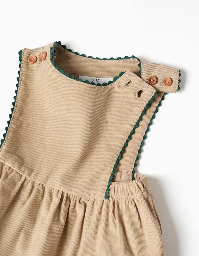 Corduroy pinafore dress with pockets for newborn girls, beige