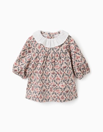 Long sleeve corduroy dress with floral pattern for newborn girls, beige