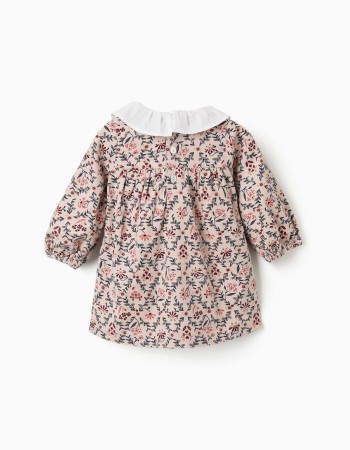 Long sleeve corduroy dress with floral pattern for newborn girls, beige