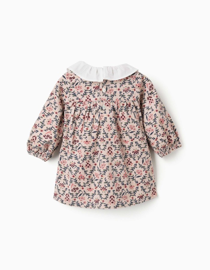 Long sleeve corduroy dress with floral pattern for newborn girls, beige