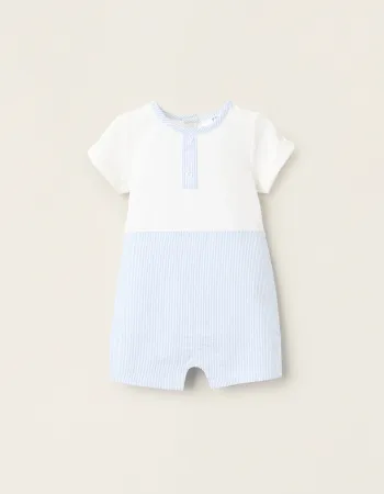 Striped Dual-Fabric Romper for Newborns, White/Blue