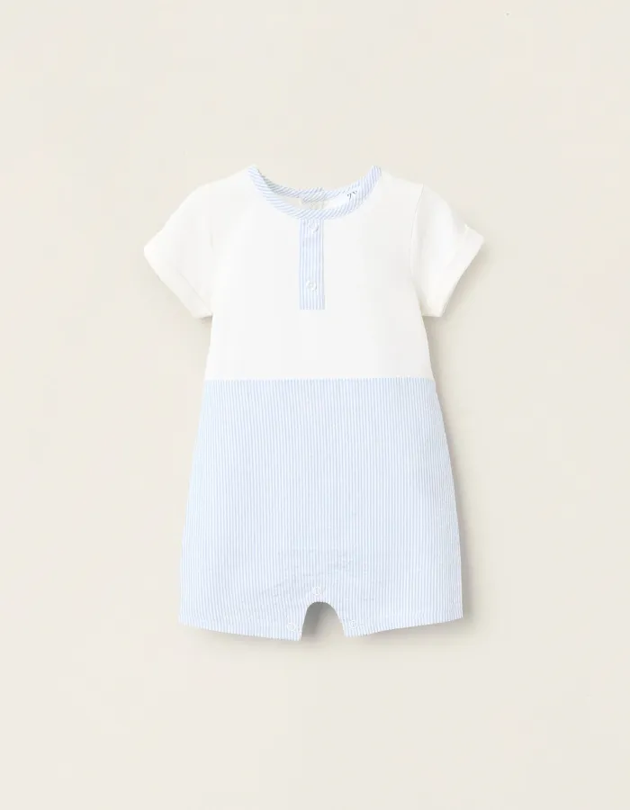 Striped Dual-Fabric Romper for Newborns, White/Blue