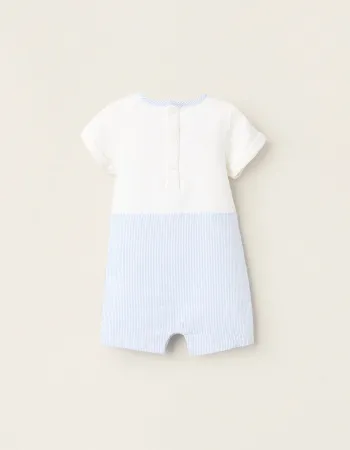 Striped Dual-Fabric Romper for Newborns, White/Blue
