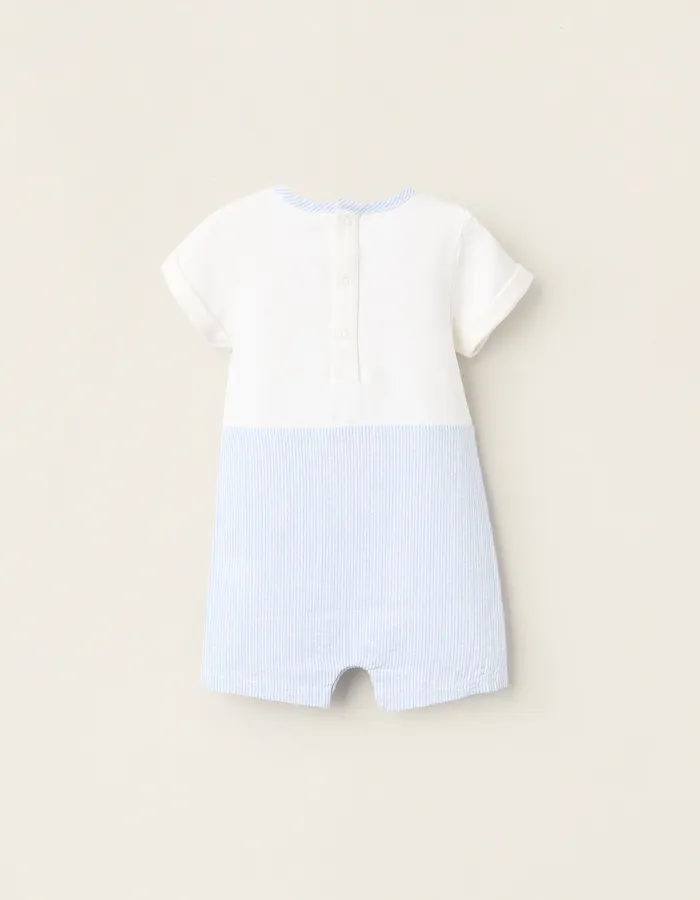 Striped Dual-Fabric Romper for Newborns, White/Blue