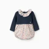 Floral Dual-Fabric Romper for Newborns, Blue/White