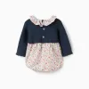 Floral Dual-Fabric Romper for Newborns, Blue/White