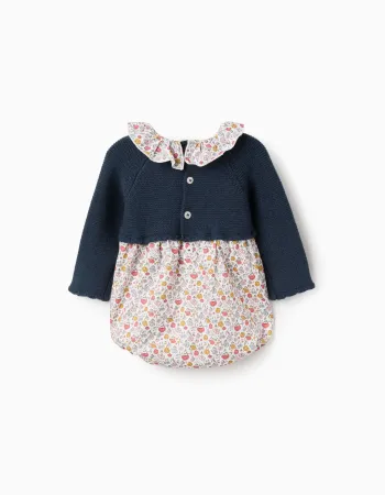 Floral Dual-Fabric Romper for Newborns, Blue/White