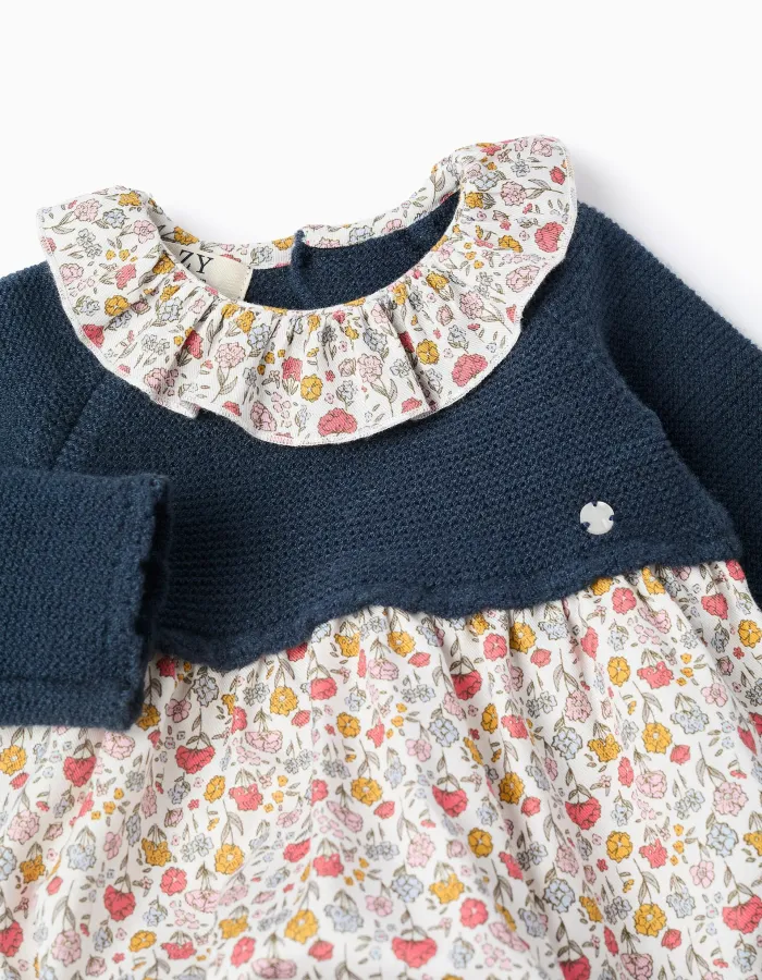 Floral Dual-Fabric Romper for Newborns, Blue/White