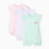 Pack of 3 cotton sleeveless rompers for newborn and baby girls, multicolour