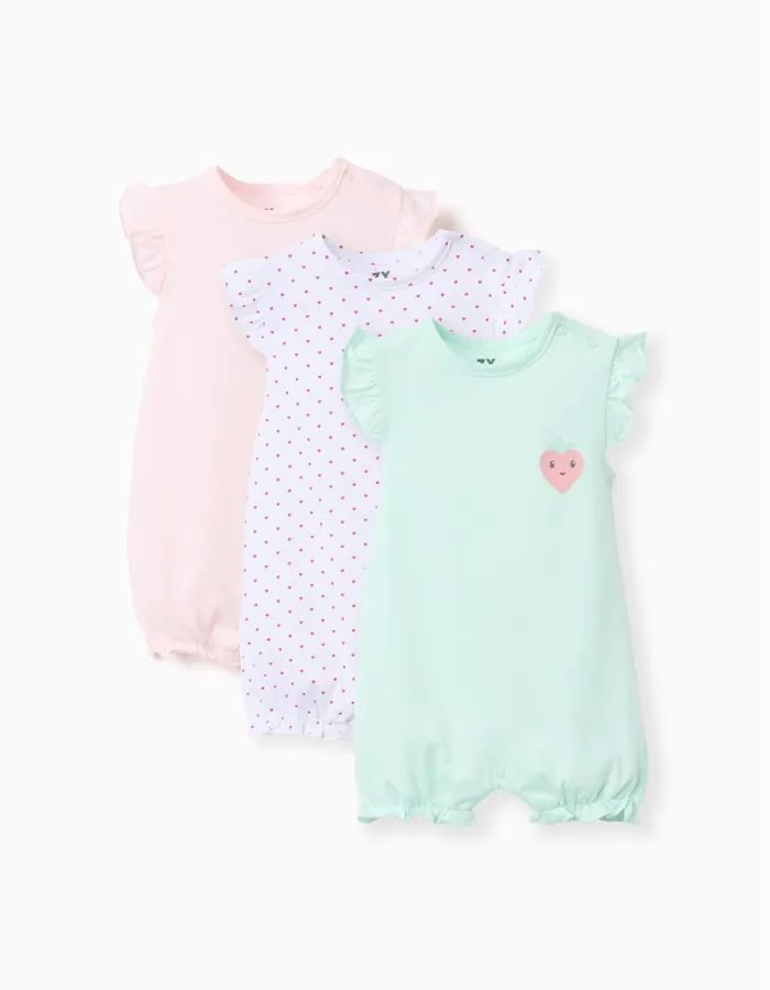 Pack of 3 cotton sleeveless rompers for newborn and baby girls, multicolour
