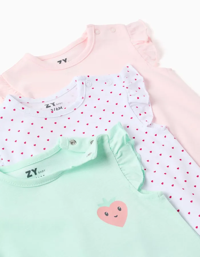 Pack of 3 cotton sleeveless rompers for newborn and baby girls, multicolour