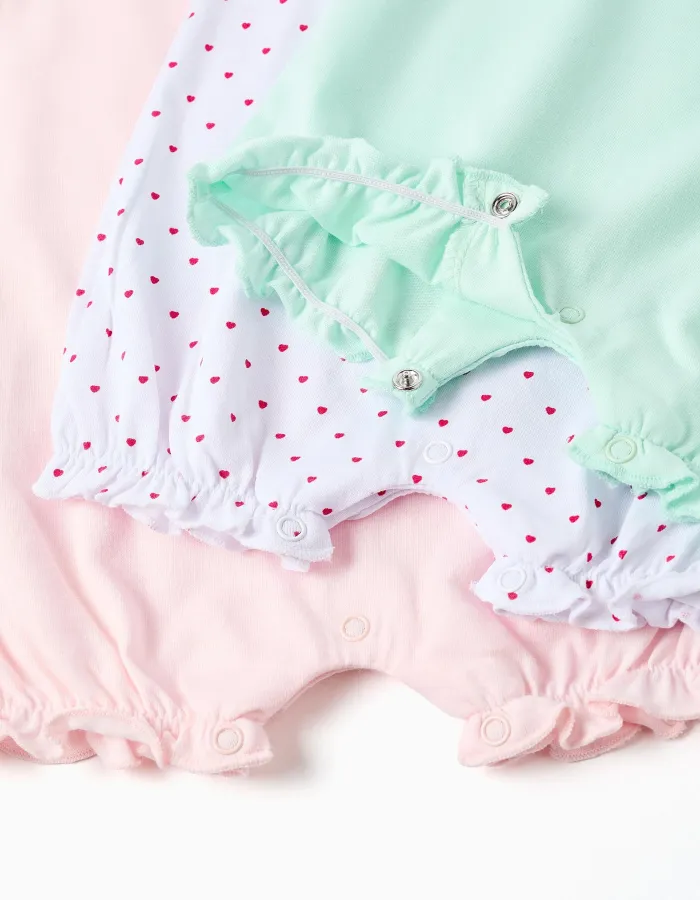 Pack of 3 cotton sleeveless rompers for newborn and baby girls, multicolour