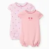 2 cotton rompers with prints for newborn and baby girls, pink