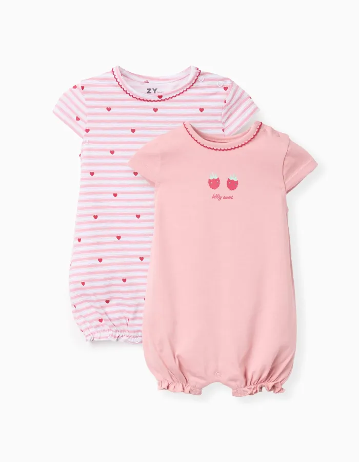 2 cotton rompers with prints for newborn and baby girls, pink