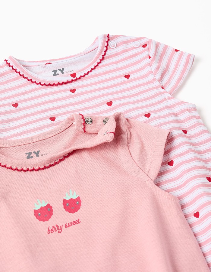 2 cotton rompers with prints for newborn and baby girls, pink